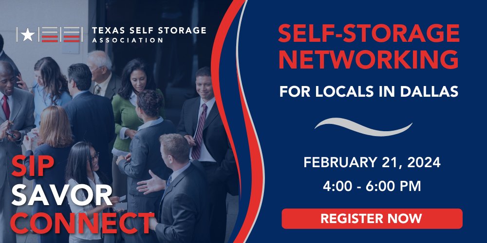 Join local #Dallas self-storage peers February 21 at TSSA's brand new happy hour networking event! This #networking only event is designed to provide a relaxed and inviting atmosphere for #selfstorage professionals to expand their network. Register here > bit.ly/DallasNetworki…