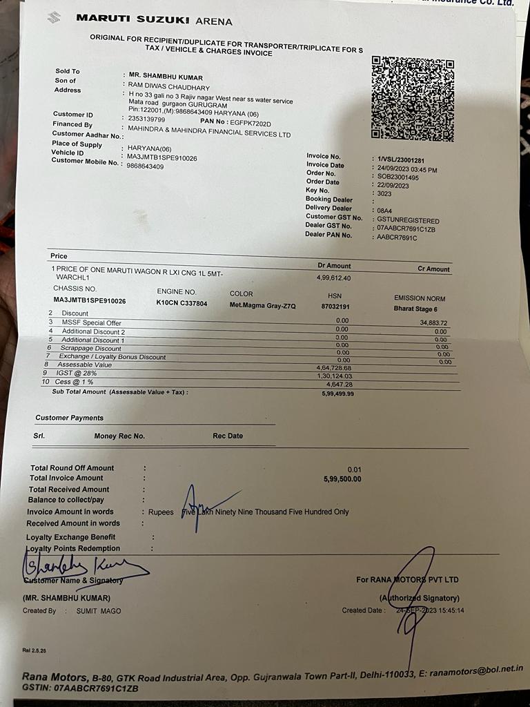 Fraud with Commercial Waganor Buyer 
vehicle was buy on 24Sep 2023 but still not registered with RTO. 
@Maruti_Corp kindly intervene
#marutisuzukifraud #waganorfraud #Ranamotorsfraud #cheatwithcustomer
#marutidealership #fraudRanamotors