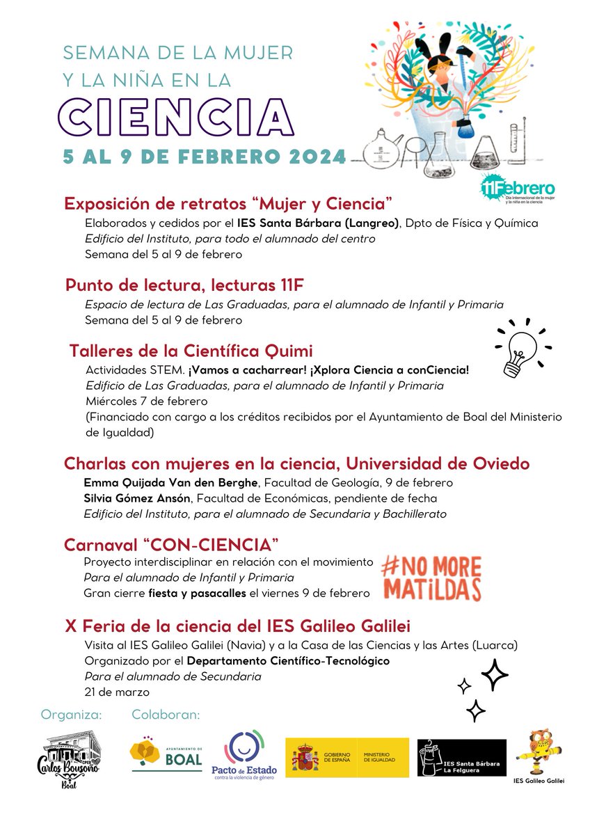 Presentamos el programa previsto para la Semana de la Mujer y la Niña en la Ciencia en nuestro centro, del 5 al 9 de febrero. Este curso hemos decidido que la celebración del 11F bien merecía un poco más de entidad y este es el resultado.