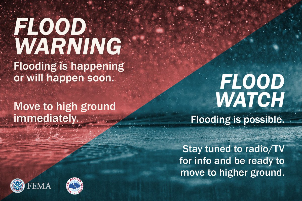 Readygov's tweet photo. A Flash flood is a sudden violent flood that can affect you in minutes. 

Do you know the difference between a watch vs. warning?
- WATCH: stay alert, be ready to shelter if needed.
- WARNING: take shelter immediately.

More: https://t.co/5WQUDCC70W https://t.co/WcfzB9gBxS