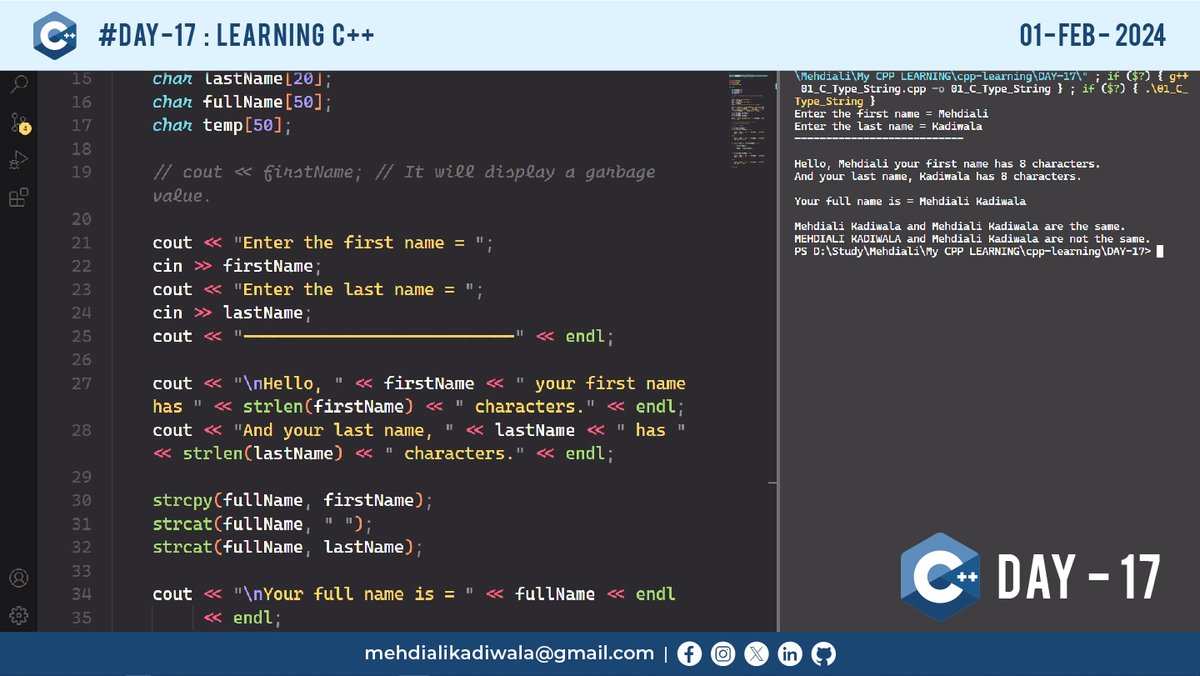 mehdiali_mk's tweet image. DAY – 17: Learning C++

- Character Functions
- Testing characters.
- Converting characters.
- C-Style Strings

Github Link: github.com/mehdiali-mk/cp…

LinkedIn: linkedin.com/in/mehdiali-mk/
Instagram: instagram.com/mehdiali_mk/

#cplusplus #cpp #codingincplusplus #cplusplusprogramming