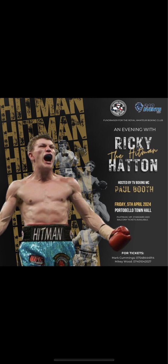 Ricky (The Hitman) Hatton MBE Live @ Portobello Town Hall Edinburgh Friday April 5th Hosted By @PaulBoothMC Tickets Available @SpeakPaul @HitmanHatton RP Please 🥊
