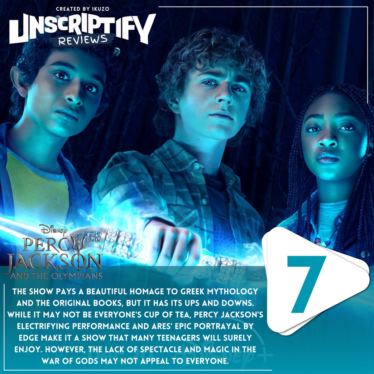 unscriptify_it's tweet photo. Was the first season of @PercySeries electrifying enough for your taste?⚡️
#percyjackson #unscriptifyreviews #unscriptify #seriesreview #disney #disneyplus #review #PercyJacksonAndTheOlympians https://t.co/ovkz76HAgm