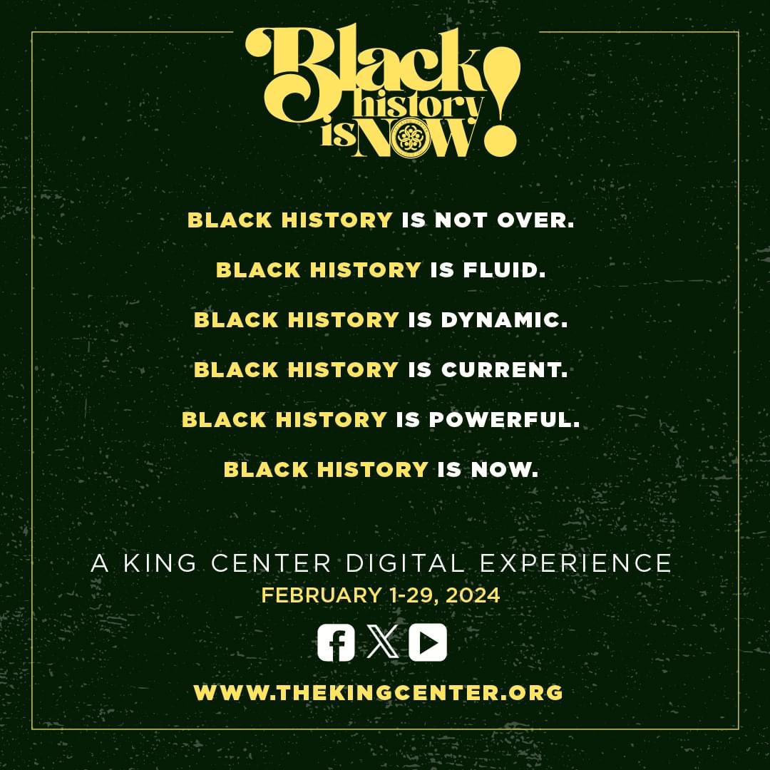 #BlackHistory is not over. It is fluid, dynamic, current, and powerful. Black History is Now. Follow The King Center for a series of graphics and education items featuring living Black history makers. Join us for this Digital Experience: thekingcenter.pulse.ly/99p1fhlcm3
#BlackHistoryIsNow
