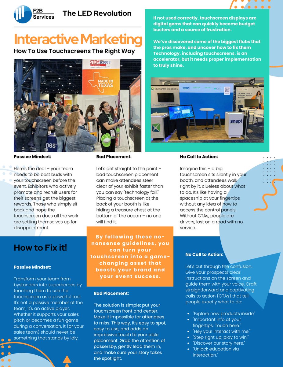F2B_services's tweet image. Doubting the power of touchscreens? You may be using them wrong.

Don&apos;t worry, there&apos;s a simple solution. Placement, purpose, and passion. Make thes clear, and you&apos;ve got a winner.

#Touchscreendisplay #interactivemarketing #eventmarketing #exhibitdesign #salestechnology