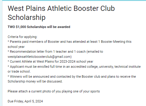 WPlainsCCMR's tweet photo. 🚨 Scholarship Alert 🚨
West Plains Athletic Booster Club Scholarship
https://t.co/161pD2ZcpX
Due April 5th, 2024 see details below! https://t.co/jWf66JXqOF