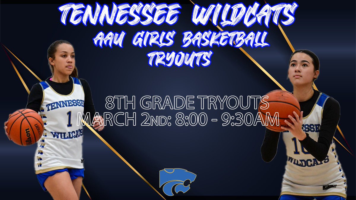 🚨AAU TRYOUTS🚨

The girls Tennessee Wildcats will be having tryouts for the upcoming AAU season‼️

🗓 March 2, 2024

⏰ 8-9:30am 

📍Wilson Central High School Gym

⛹️‍♀️8th Grade⛹️‍♀️