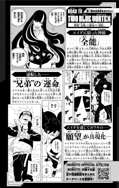 A small information/review page is also included in B:TBV Volume 1! “ROAD TO Review the events of the first part!”. A brief introduction about Eida’s abilities: Divine art of omnipotence and the reversal of destiny. A small summary of how boru and Kawa roles have been reversed.