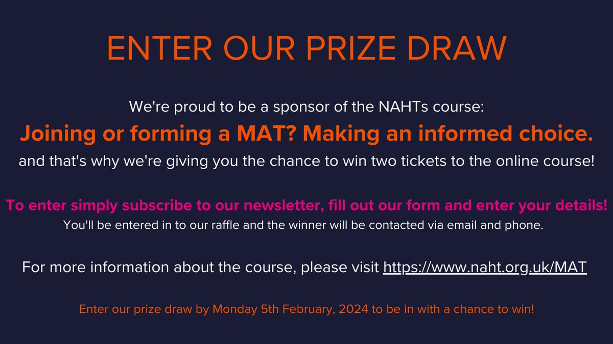 JamesOutram1's tweet photo. In collaboration with the @NAHTnews, one lucky winner is being given the chance to attend an online course worth over £198+! #MAT #AcademyTrust #Raffle

🚀Subscribe here: https://t.co/CxOd1HwbZe

🤞Enter here: https://t.co/bxidoc2ZYh
🔗Course info: https://t.co/QkUER6XBWm https://t.co/Y1YH047CS3