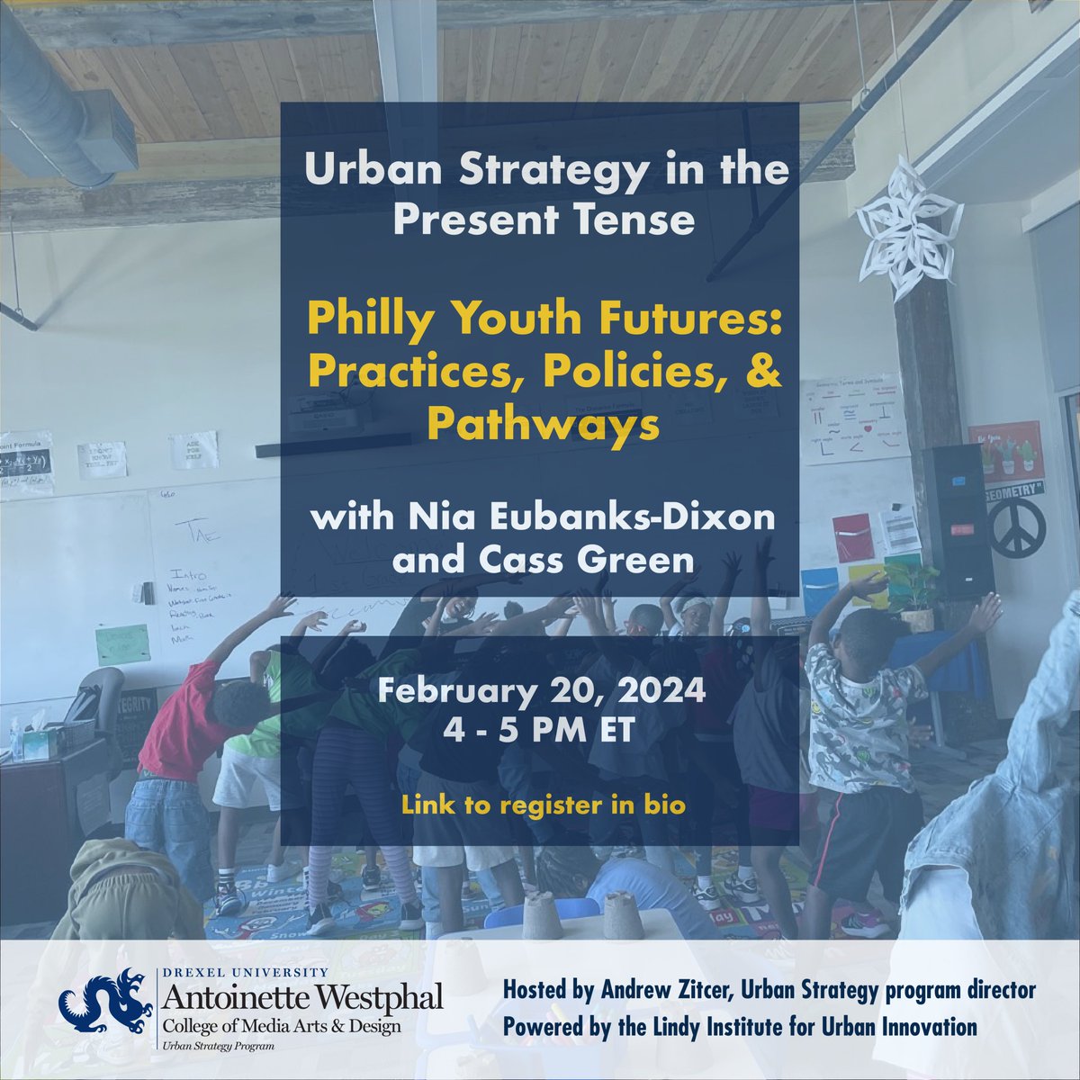 Lindy Institute for Urban Innovation (@lindyinstitute) on Twitter photo Join us for the next episode of “Urban Strategy in the Present Tense: Philly Youth Futures” on 2/20 from 4-5 PM with/ <a href="/DixonEubanks/">Nia Eubanks-Dixon</a>, founder of Creative Praxis and <a href="/CassGreenForPA/">Cass Green</a>, community organizer, mentor and activist.
For details and registration: drexel.zoom.us/webinar/regist… Join us for the next episode of “Urban Strategy in the Present Tense: Philly Youth Futures” on 2/20 from 4-5 PM with/ <a href="/DixonEubanks/">Nia Eubanks-Dixon</a>, founder of Creative Praxis and <a href="/CassGreenForPA/">Cass Green</a>, community organizer, mentor and activist.
For details and registration: drexel.zoom.us/webinar/regist…