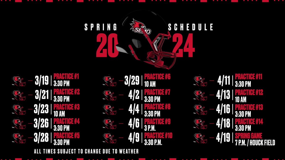 Southeast Missouri spring football is right around the corner. Here is the Redhawks complete schedule of practice dates for the upcoming spring session. This year's spring game is set for April 19 at Houck Field.