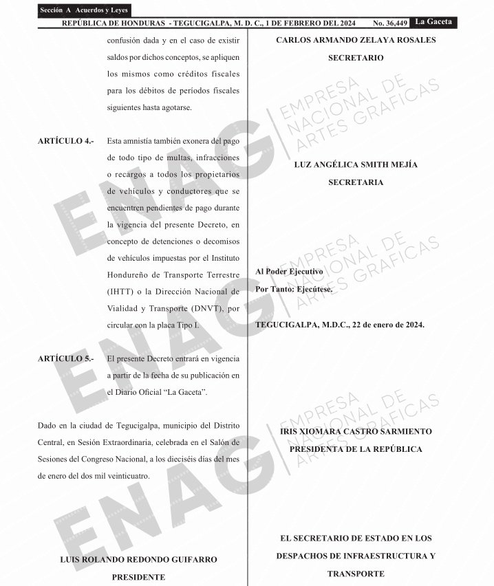 Publicado en el Diario Oficial La Gaceta Aministía Vehicular y de la ENEE.
#Honduras