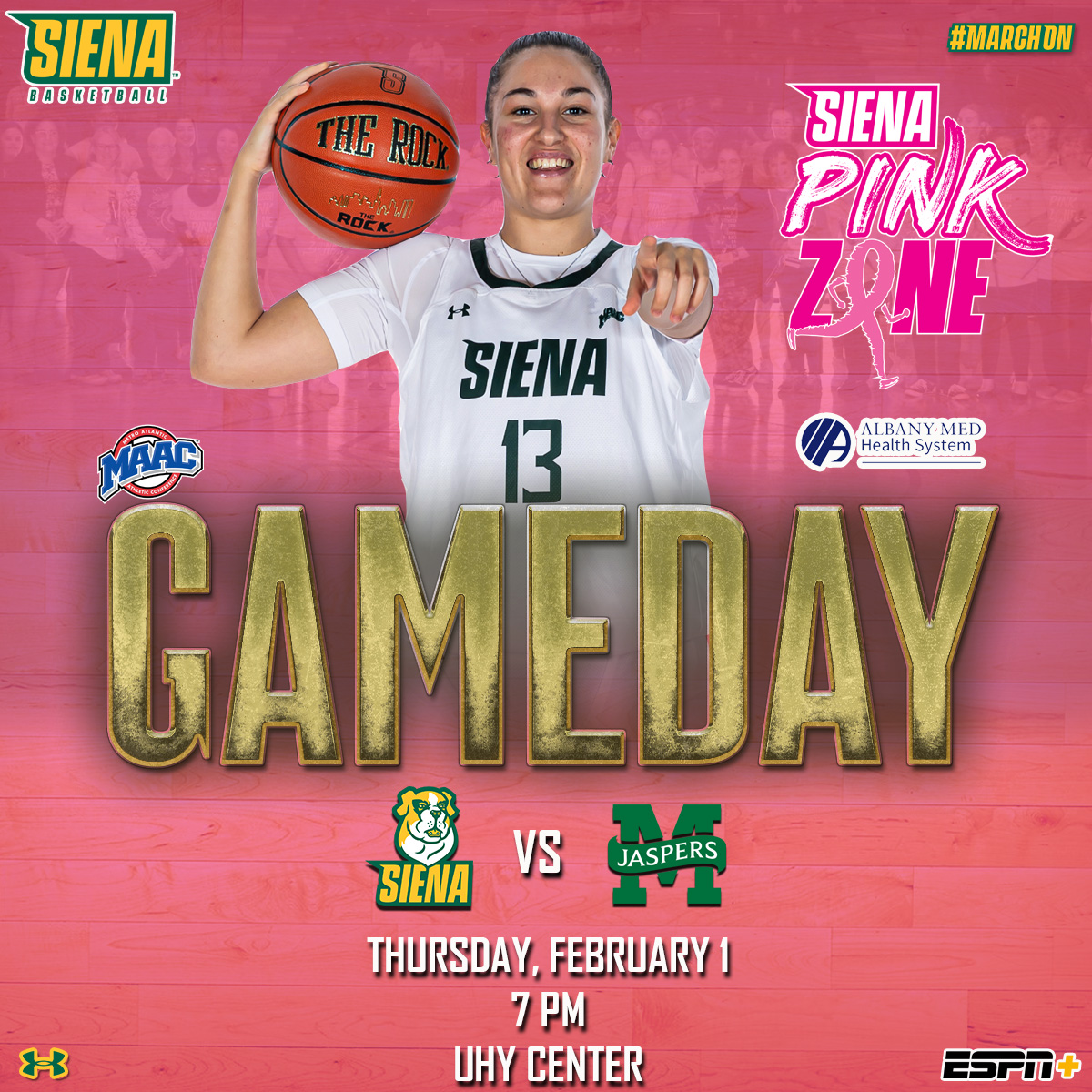 🏀🎀 PINK ZONE #GAMEDAY 🎀 Help us 🩷 out the UHY Center this evening to support @DonnaFoundation! @Siena_WBB 🆚 @Manhattan_WBB 🎟️ t.ly/vE-9R ⏰ 7⃣ PM 📺 t.ly/QSmG- 🌎 t.ly/p79FD 📻 @WVCR88_3 ➡️ t.ly/5T8cC 📊