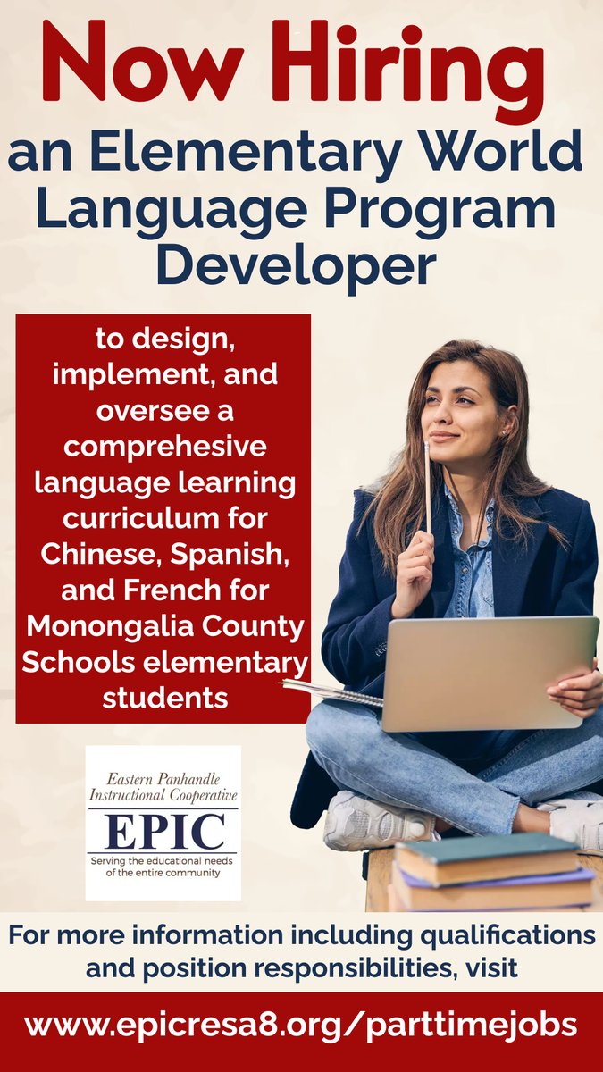 EasternEpic's tweet photo. EPIC is hiring one (1) Elementary World Language Program Developer to serve Monongalia County Schools! To learn more about this part-time opportunity, visit https://t.co/MOwG8zejrR https://t.co/y386jUYptn