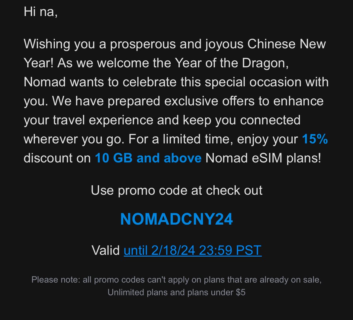 najungie's tweet photo. ‼️ATTENTION‼️

to those who can afford to buy Nomad’s Regional Middle East eSIM plan please use “NOMADCNY24” promo code at your checkout for 15% off 

❕only applicable to the 10GB plan, $34❕

it’s only a one time use code so please use “NOMADCNG” for 5% off on your second purchase for the same Nomad account.

it’s available only until 18/02/2024 23:59 PST !!!

email the clear SS of the QR Code received, to gazaesims@gmail.com 

#ConnectingGaza