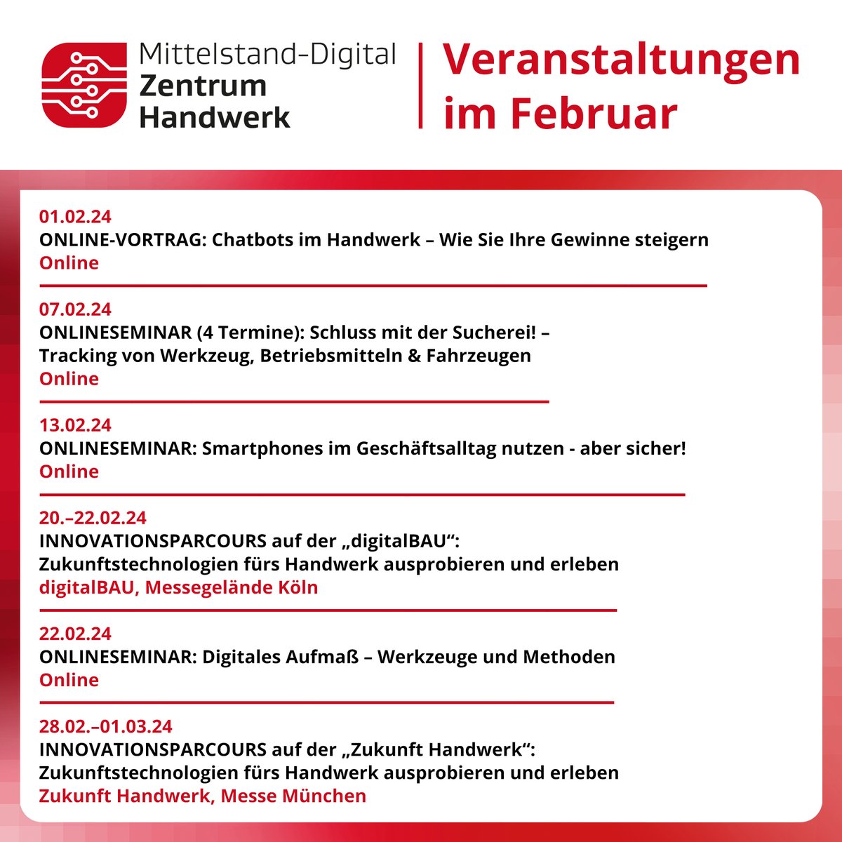 Die neuen #Veranstaltungen für #Februar sind online.🧑‍🔧🗓️ Natürlich wie immer #kostenfrei! - Escape Room "Rettet den Staudamm", Intelligente KI-Chatbots, Werkzeugtracking, Smartphones im Geschäftsalltag, Digitales Aufmaß, Innovationsparcours. Jetzt anmelden handwerkdigital.de/Veranstaltungen