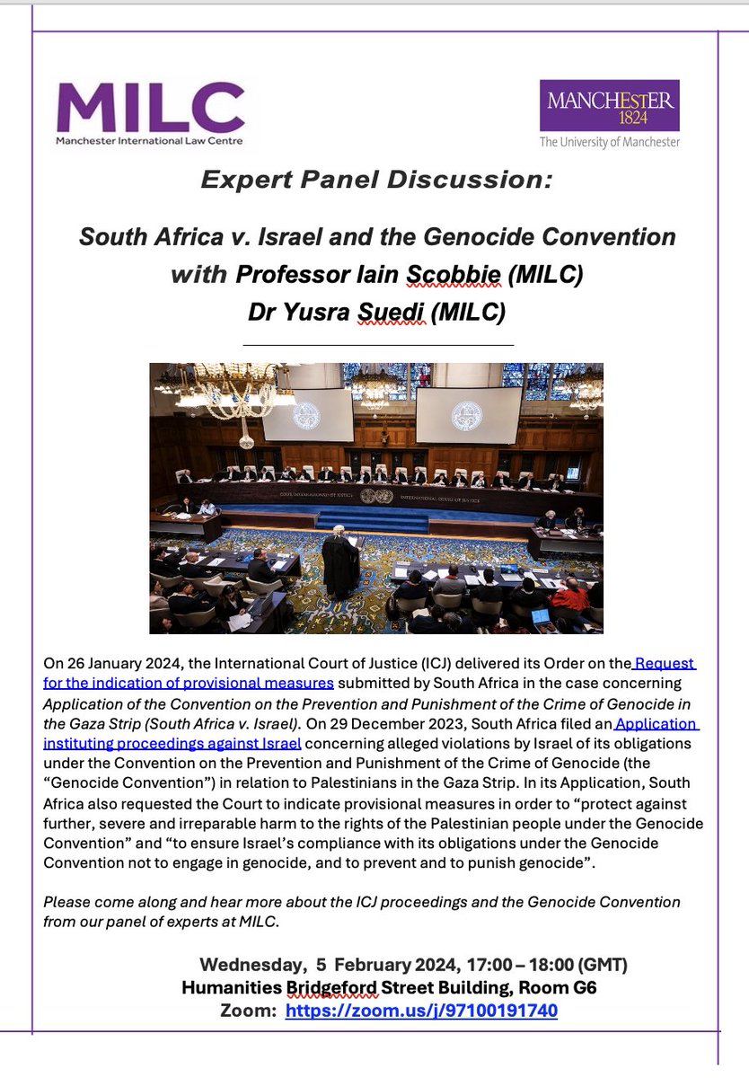 MILC_UoM's tweet photo. 📢📢📢MILC’s very own @Yusra_Suedi and Professor Iain Scobbie will be discussing ‘South Africa v Israel and the Genocide Convention’ on Monday 5 February @5pm (GMT). We hope you can join us for this hybrid event! https://t.co/CCF2ezISXe
