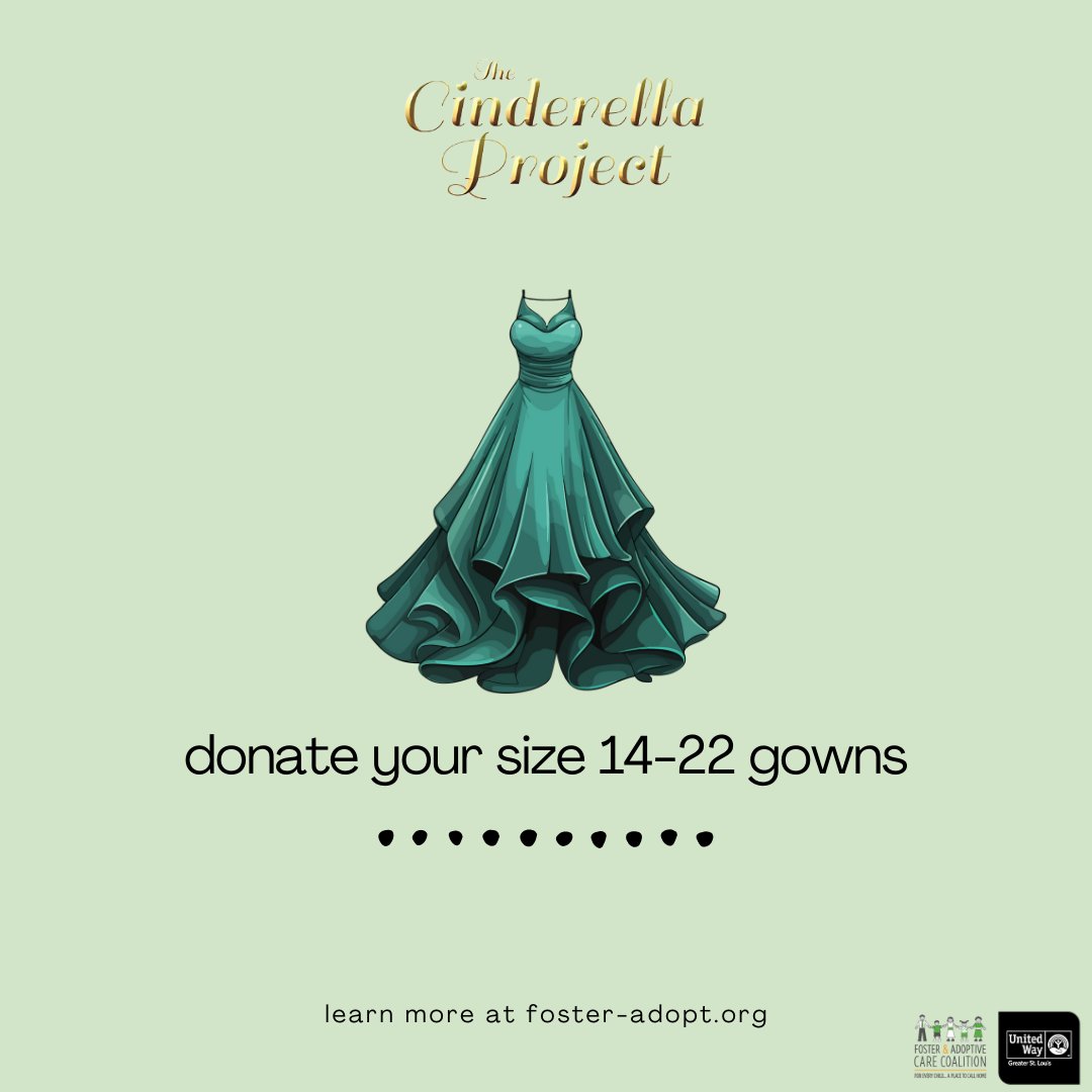 ✨ We Need Your Size 14-22 Gowns! The Cinderella Project is urgently seeking dress donations in sizes 14-22; your generosity can be the perfect fit for someone's magical night! Gown Drop-Off Locations: 1. @WestCountyCtr 2. @WestOakCleaners 3. @REFRESHSTL