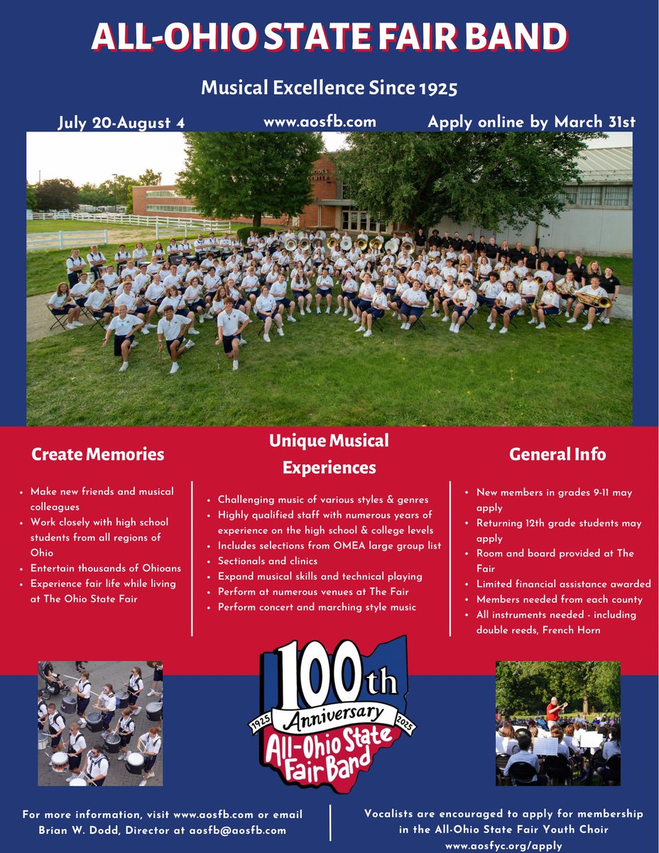 It’s one of our favorite days of the year….applications are open!!! We hope you will apply to join us this summer at the <a href="/OhioStateFair/">Ohio State Fair</a> for a fun couple weeks!

For the application, click here: aosfb.com/join-the-2024-…

#aosfb #marchingband #ohiostatefair