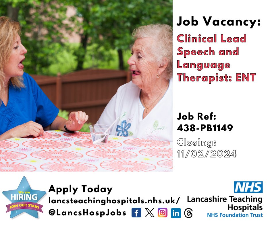 Job Vacancy: Clinical Lead Speech and Language Therapist: ENT @LancsHospitals ⏰Closes: 11/02/24 Read more & apply: lancsteachinghospitals.nhs.uk/join-our-workf… #NHS #NHSjobs #lancashire #ENT @SLT_LTHTR