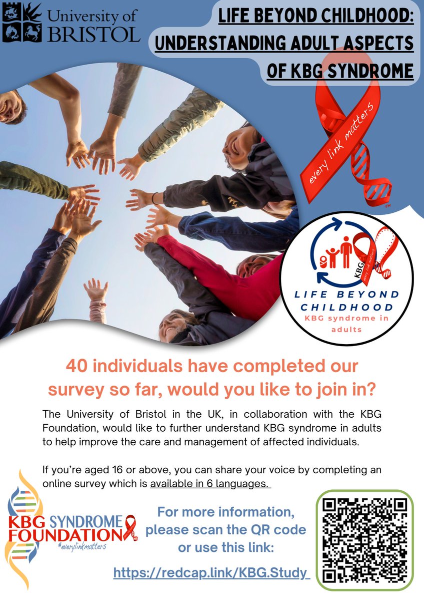 @X 40 individuals have taken part in helping us understand adulthood and KBG Syndrome better. We have more spaces for anyone aged 16 or over with KBG Syndrome and have made the questions available in 6 languages!