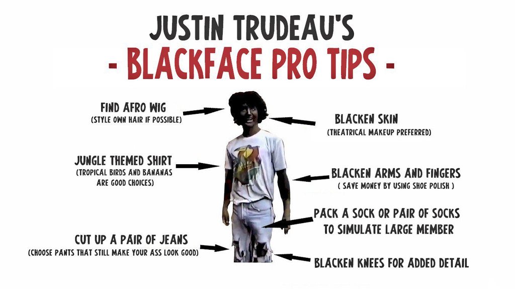 MarkCarney_Ego's tweet photo. Black history is Canadian history. 

This #BlackHistoryMonth we celebrate the achievements of black Canadians, and we remember all the ways I've mocked them.

I've attached some pro tips below, so you can dress up in blackface and insult the black community just like me. https://t.co/AeOPVeU9b5