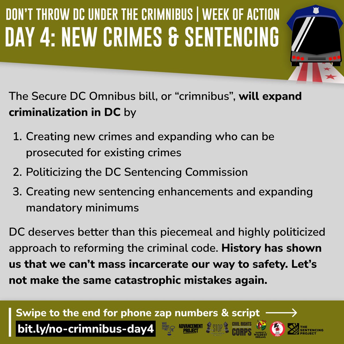 It's Day 4 of the Don’t Throw DC Under the Crimnibus Week of Action! Our pressure is working! Call & email @councilofdc to tell them NOT to create new crimes, expand prosecution, lengthen prison sentences, and more in Secure DC (“crimnibus”): bit.ly/no-crimnibus-d…