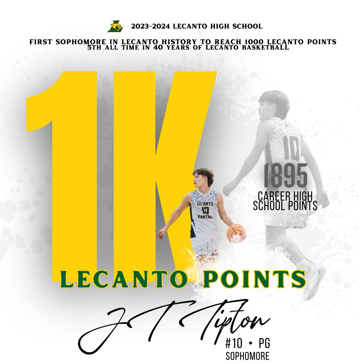 JT Tipton reached 1,000 Lecanto points. He now has 1,895 career points. JT had 893 points accumulated from 7rivers &amp; Williston before he came to Lecanto his freshman year.  1st in 40 years of Panther Basketball to reach this his sophomore year and is the 5th in program history.