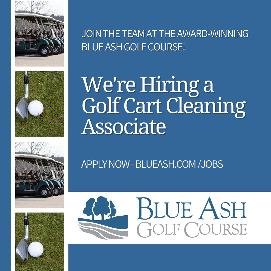 The Blue Ash Golf Course and Cooper Creek Event Center are hiring! 
 ⛳Golf Cart Cleaners
 🥂Banquet Bartenders
Learn more and apply: blueash.com/jobs
