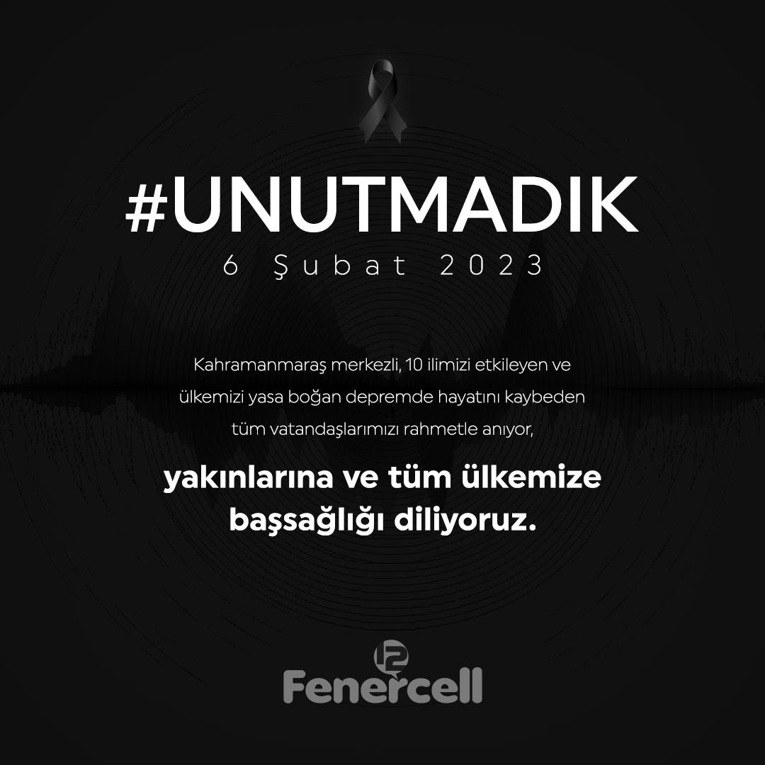 Kahramanmaraş merkezli, 10 ilimizi etkileyen ve ülkemizi yasa boğan depremde hayatını kaybeden tüm vatandaşlarımızı rahmetle anıyor, yakınlarına ve tüm ülkemize başsağlığı diliyoruz. #fenerbahce #fenercell