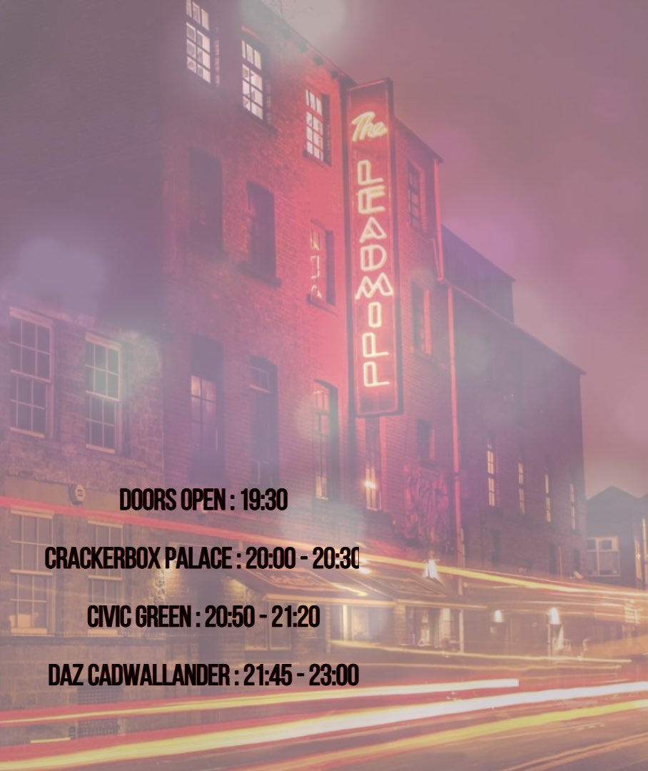 SET TIMES FOR SATURDAY 🕰️ 

<a href="/Leadmill/">The Leadmill</a> / <a href="/Crackerboxband/">Crackerbox Palace</a> / <a href="/civic_green/">Civic Green</a>