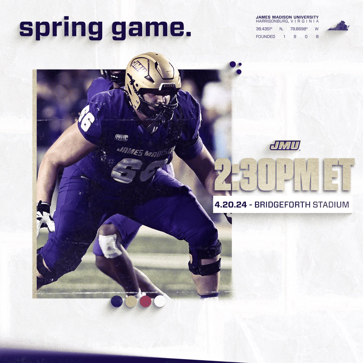 JMUFootball's tweet photo. 𝟐𝟎𝟐𝟒 𝐒𝐩𝐫𝐢𝐧𝐠 𝐆𝐚𝐦𝐞.

JMU will host the annual Spring Game on Saturday, April 20 at Bridgeforth Stadium. Can't wait to see JMU Nation there!

📰 https://t.co/VrvnIC4sGl

#GoDukes https://t.co/vJxBhFOeJO