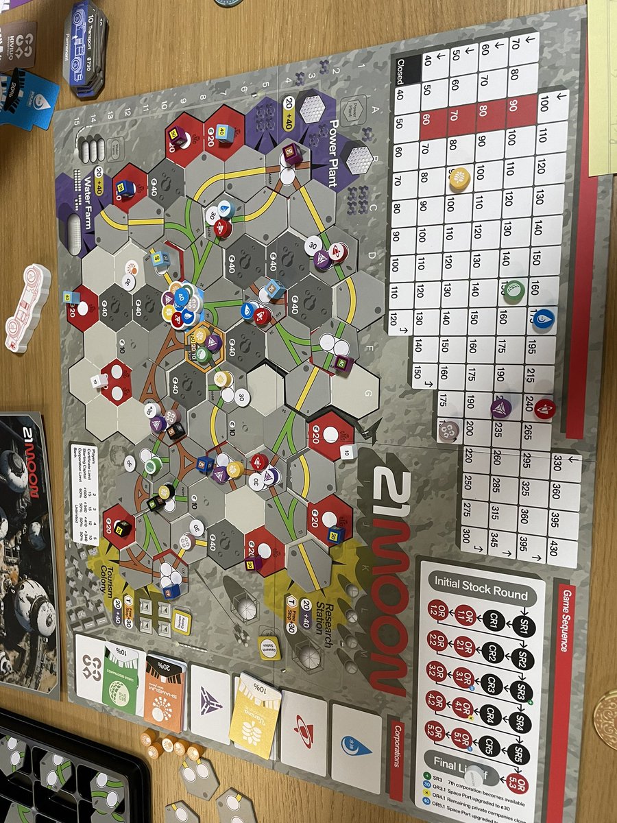 Played 21Moon with 3. I’ve played this few times during play testing and it has changed significantly since picked up by <a href="/aag18xx/">All-Aboard Games</a>. Quick 18XX with few levers you can use.  Companies has their own stock rounds which they can issue/sell and buy share. Nice job!  @JonasJo71983114