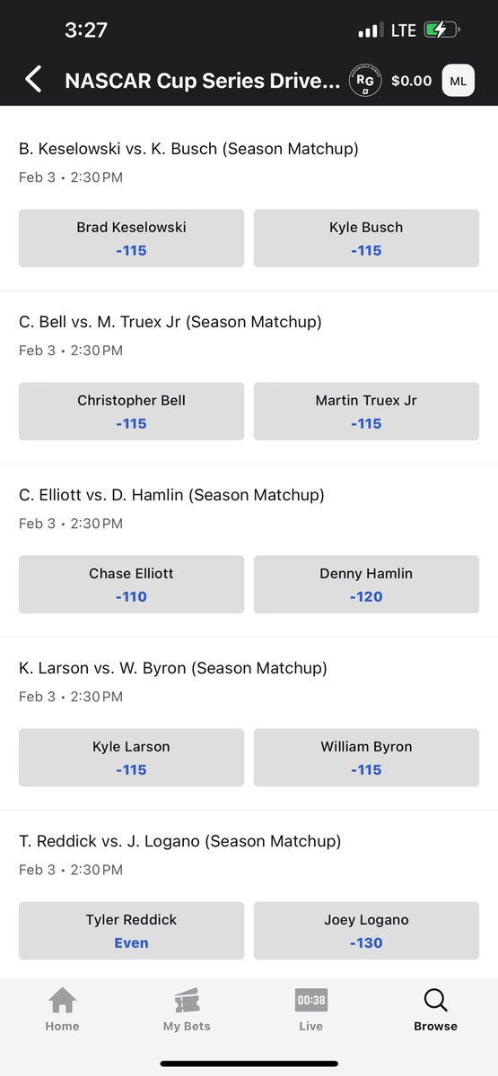 What’s everyone think of these match ups? Only one plus money is Reddick. I don’t hate it though. 

Personally I’d side with Brad K, C. Bell, Hamlin, and I’m not touching Larson/Byron. 

#Nascar #NascarBetting