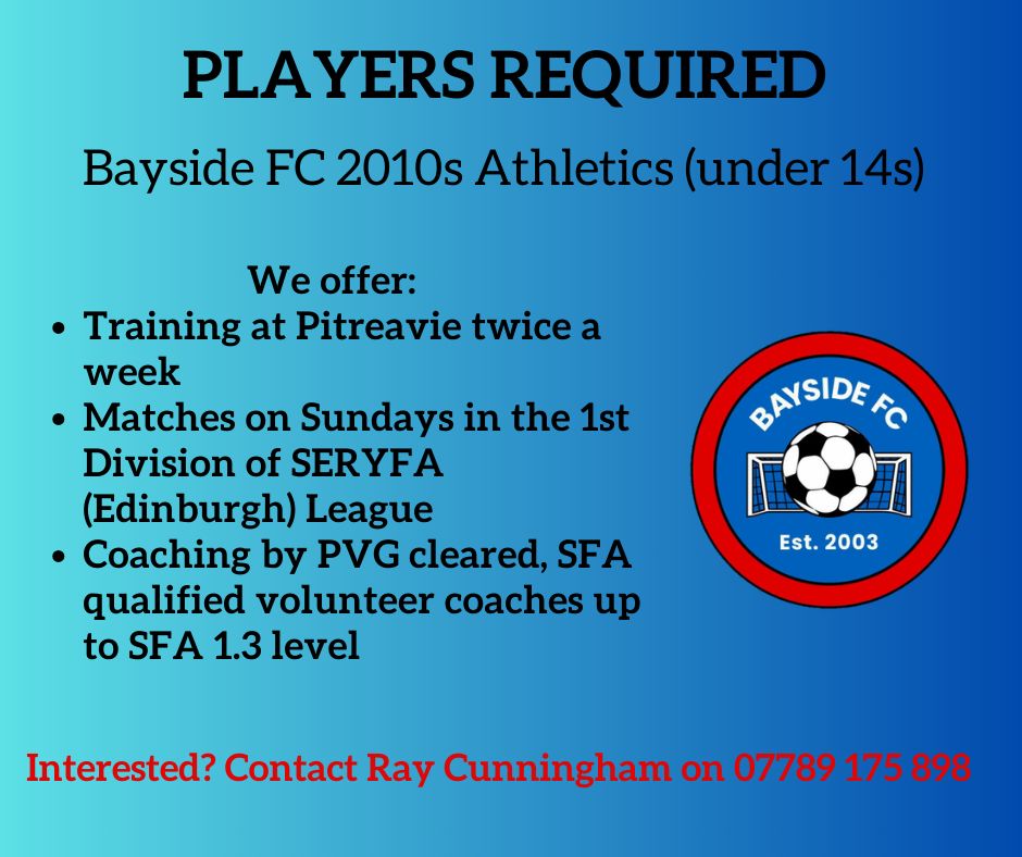 Bayside FC 2010s Athletics (under 14s) are looking to recruit players in various positions.

Message Ray Cunningham on 07789 175 898 for an informal chat.