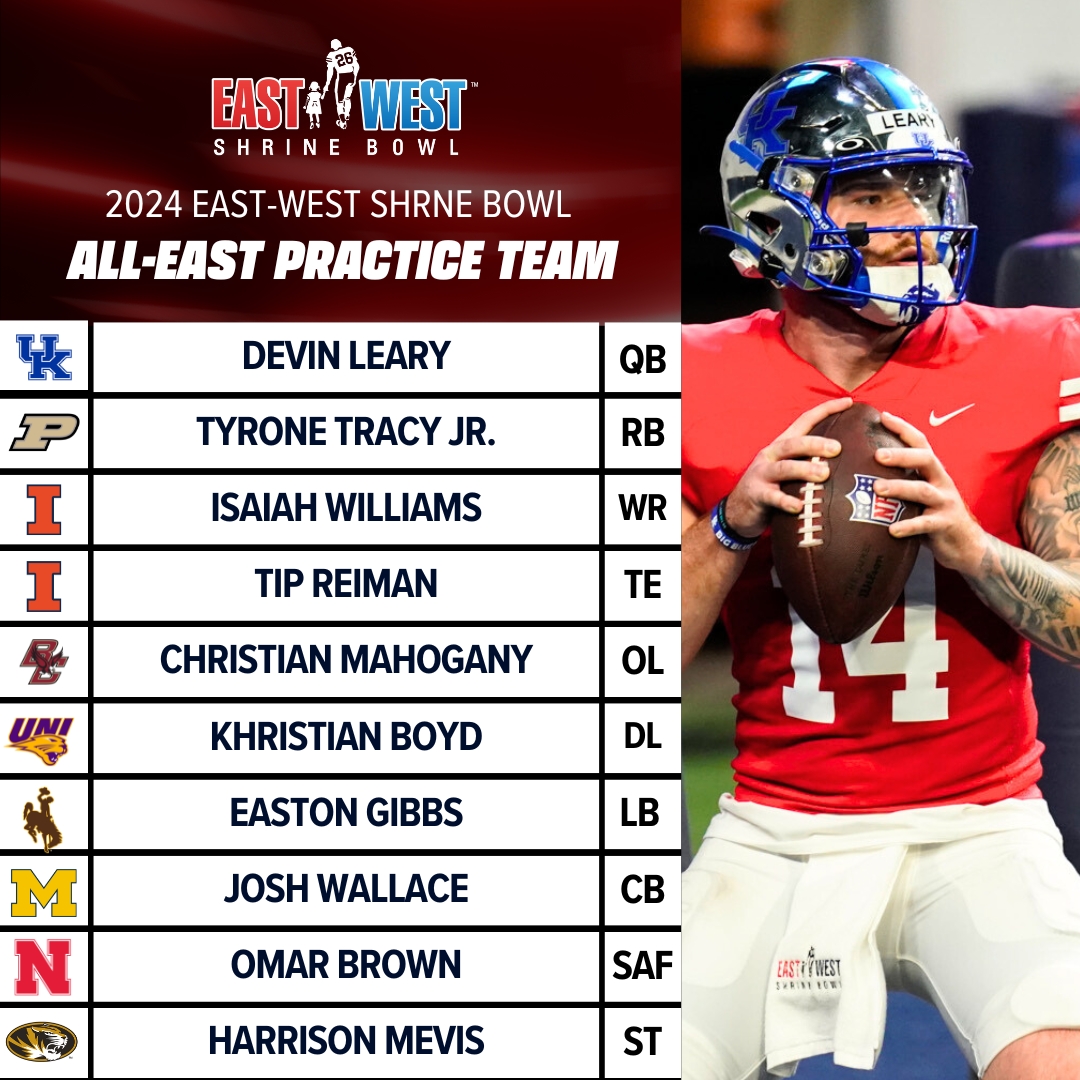 🔴Congrats to the 2024 All #ShrineBowl East Team! Voted by coaches for their outstanding attitude, dedication, and leadership on and off the field. 💫 @DevinLeary1 // @UKFootball 💫 @TyroneTracy // @BoilerFootball 💫 @i_williams11 // @IlliniFootball 💫 Tip Reiman //…