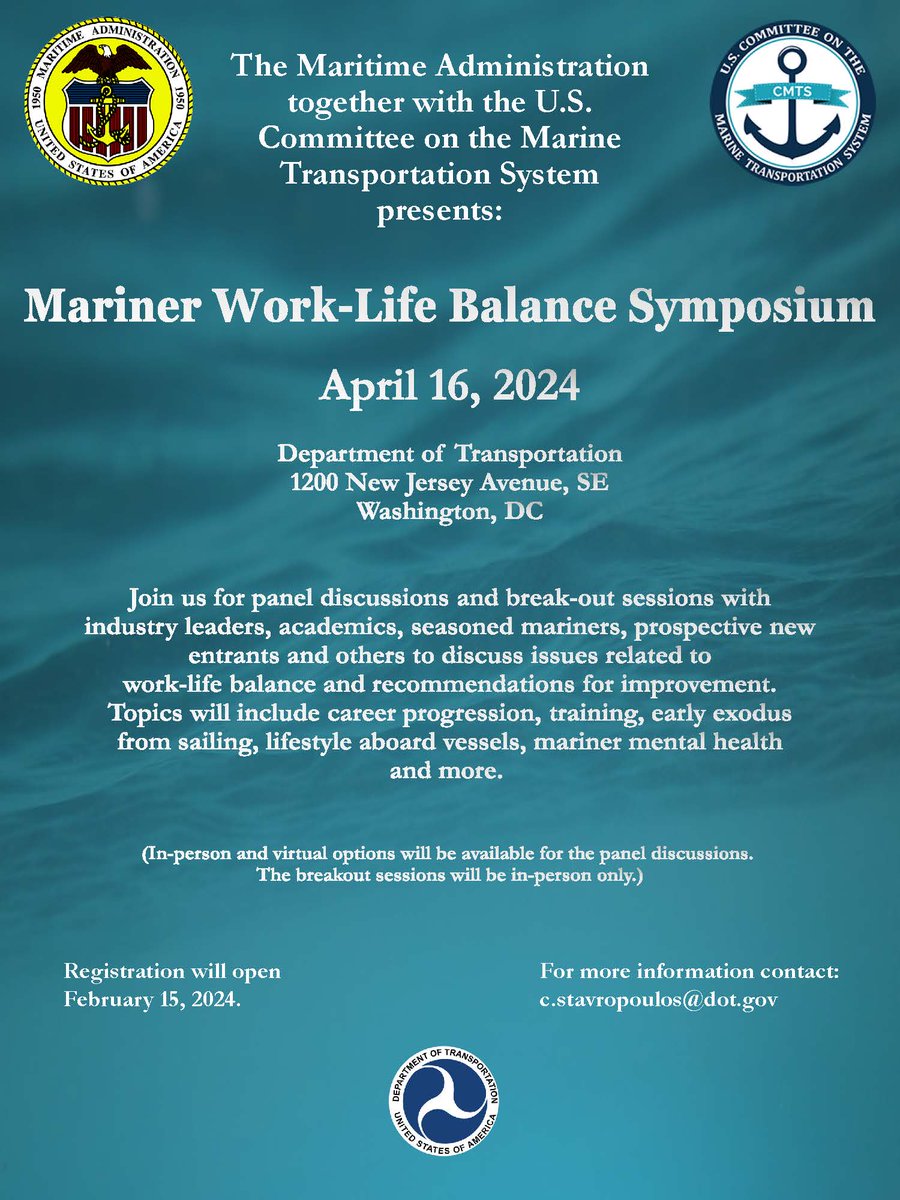 🚢 Join the convo at MARAD's Mariner Work-Life Balance Symposium on April 16, 2024! Share your maritime insights and strategies for balance. 🌊 Email c.stavropoulos@dot.gov by Feb 23 to be part of the discussion. #MaritimeSymposium #WorkLifeBalance ⚓️🗣️