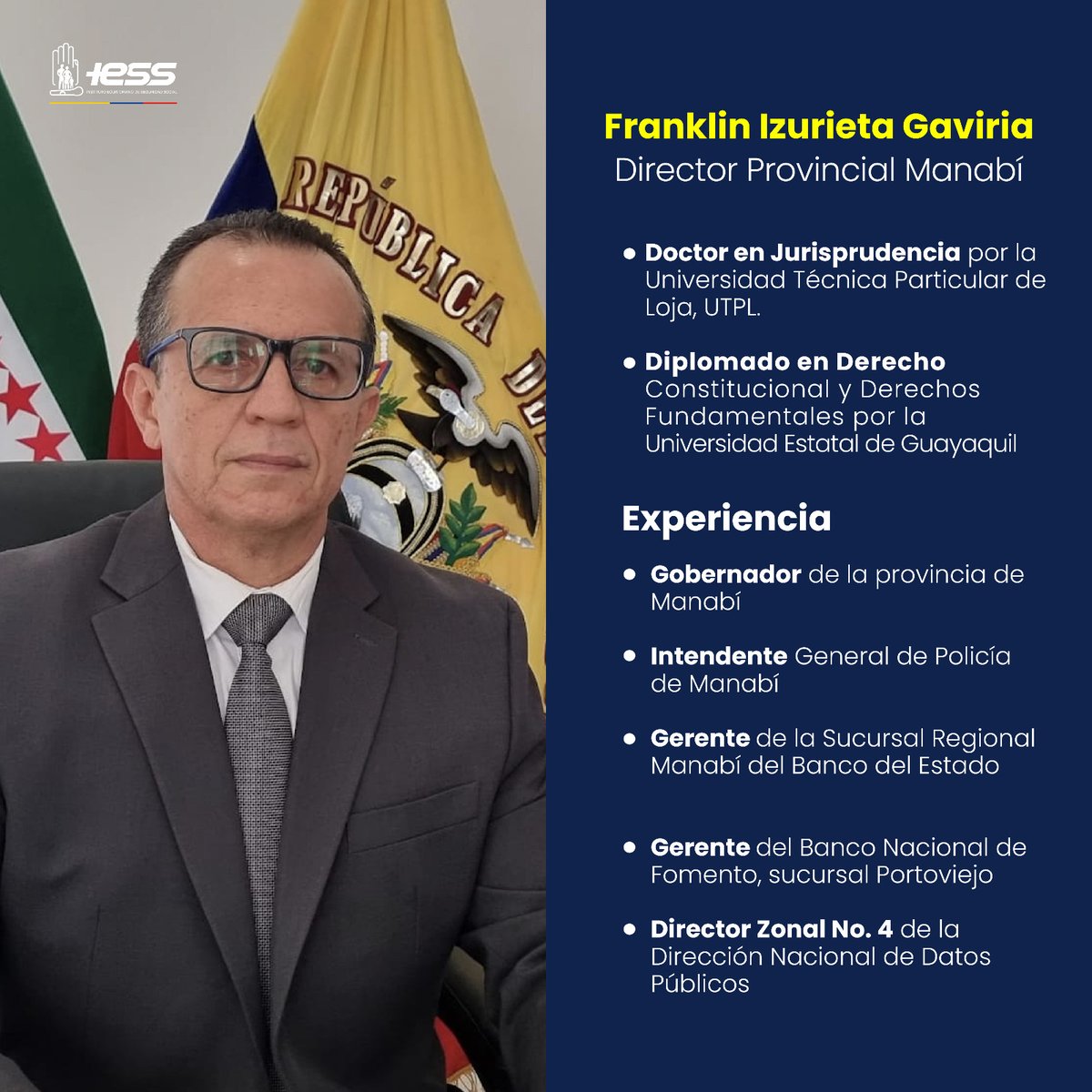 IESS_Manabi's tweet photo. #IESSteInforma | Con una gran trayectoria en el sector público y privado, Vicente Izurieta Gaviria se compromete a fortalecer los servicios y prestaciones en beneficio de los asegurados 👏🏻 https://t.co/3bQp2ApCOh