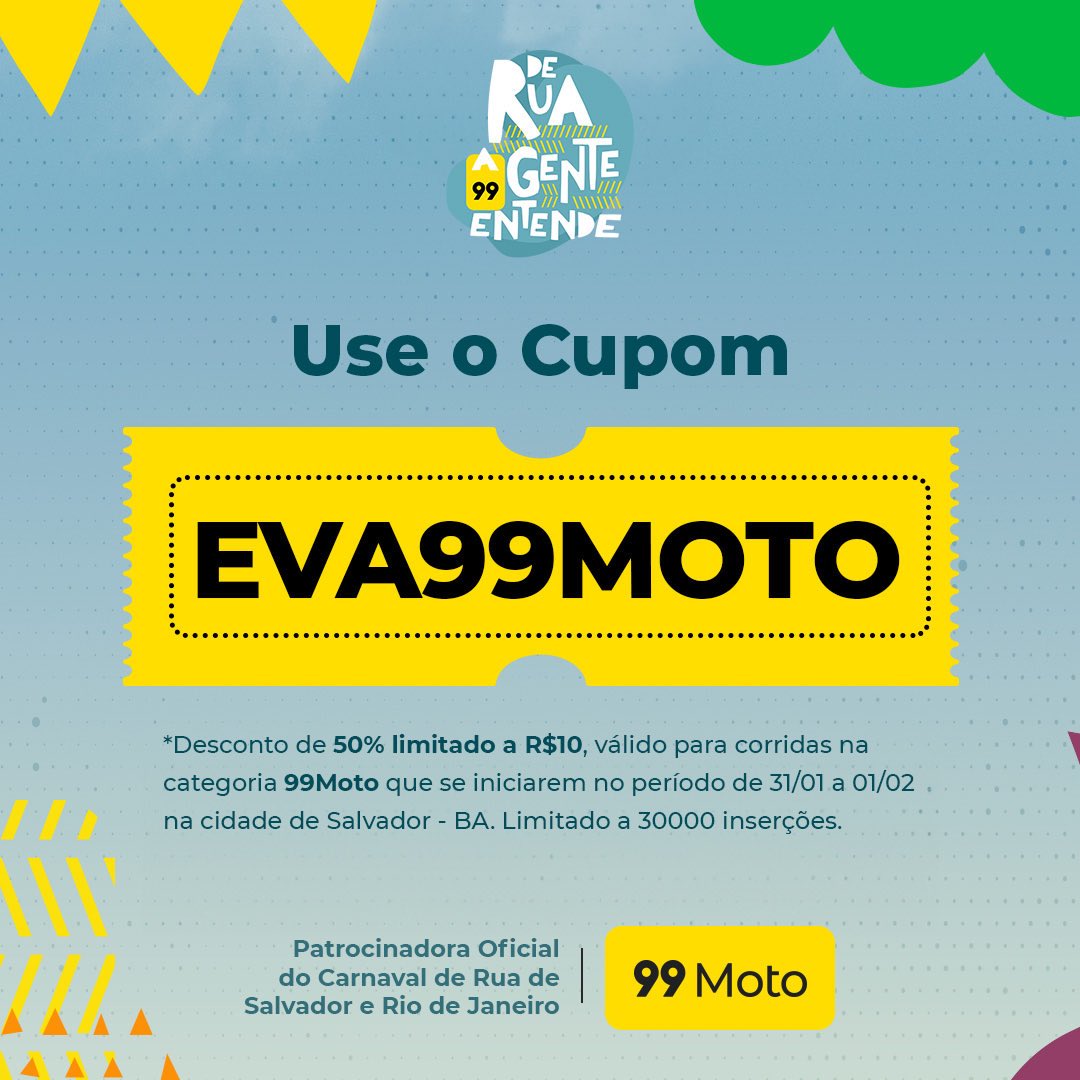 Se é fevereiro, é carnaval. 🎉 Bora começar bem com Banda Eva na Ondina e cupom de desconto pra ir de 99Moto em segurança, galera 🛵