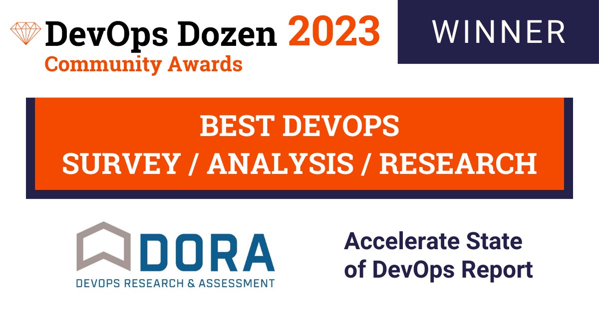 It's a major award!

DORA's "2023 Accelerate State of DevOps" report was selected as the 2023 DevOps Dozen Award for Best DevOps Survey/Analysis/Research and recognized for "research that has significantly and positively impacted the DevOps community → goo.gle/42qLs1q
