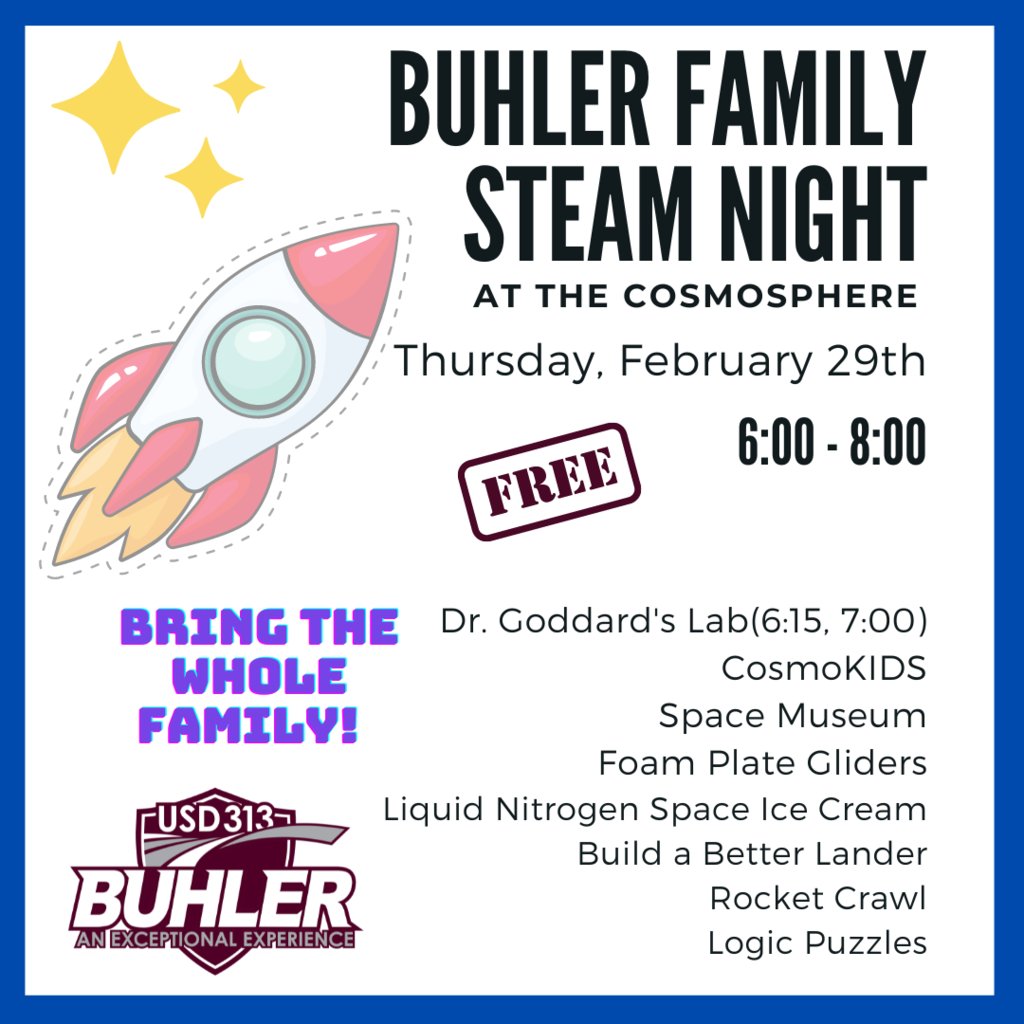 Mark your calendars! Our 3rd Annual STEAM (Science, Technology, Engineering, Art, Math) Family night is February 29th from 6-8pm. 

We can't wait to see you there!