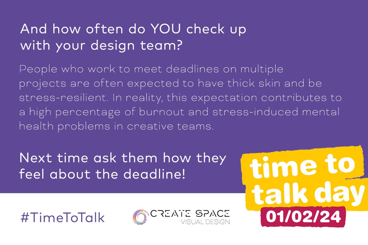 CreateSpaceVd's tweet photo. People who work to meet deadlines for multiple projects are often expected to have thick skin and be stress-resilient. It leads to a high percentage of burnout and stress-induced mental health problems in creative teams.  
#timetotalkday #createspace4mentalhealth #mentalhealth https://t.co/Rbhahre6ho