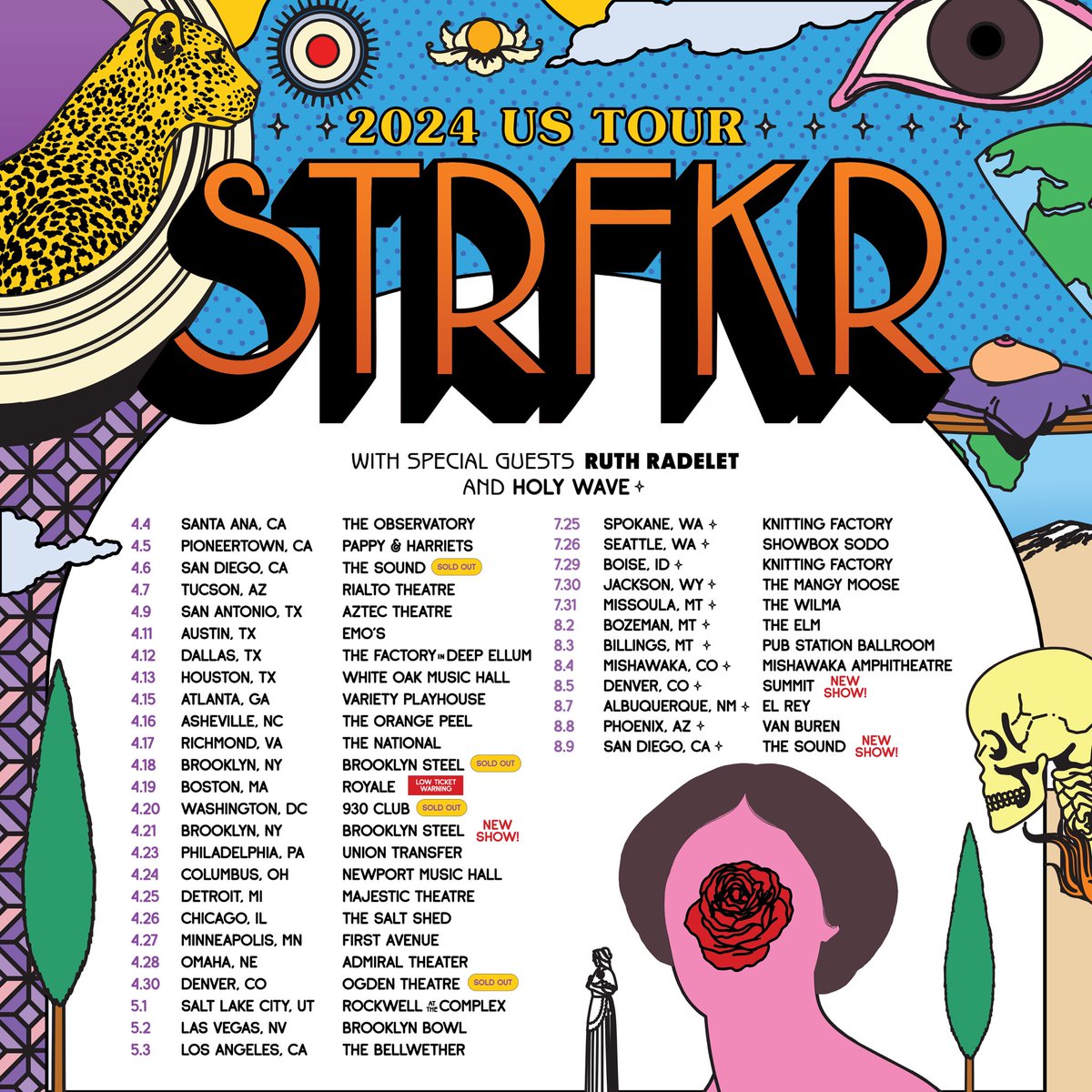 We’ve added a few shows in Brooklyn, Denver, and San Diego since those shows sold out so fast! There’s some low ticket warnings out there too, get yours soon!! STRFKR.com