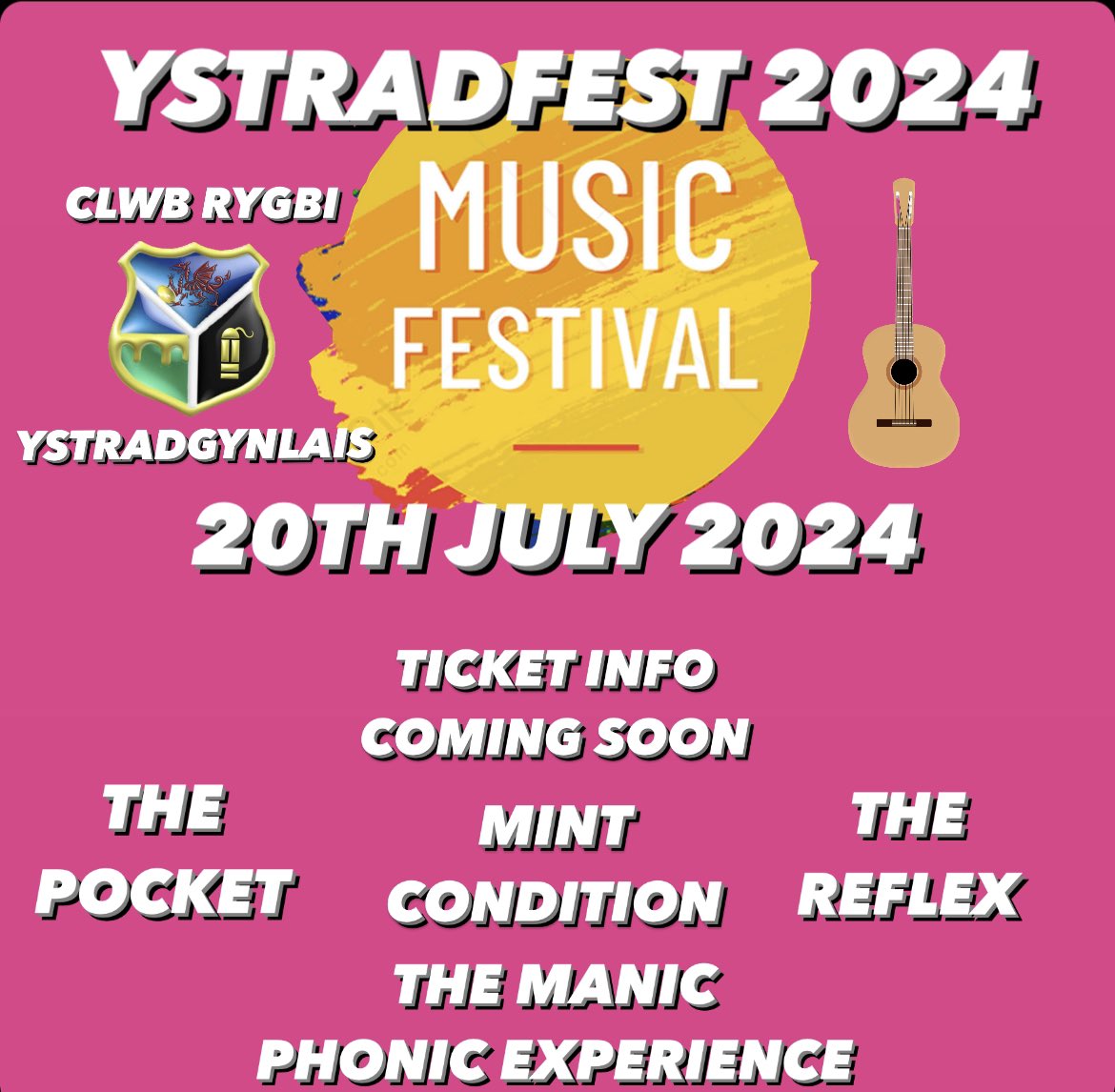SAVE THE DATE

YSTRADFEST 

Saturday 20th July 2024  

We are proud to announce our fantastic line up (in no particular order) 
- The Reflex
- The Pocket
- Mint Condition 
- The Manic Phonic Experience 

TICKET INFO COMING SOON!!!!
