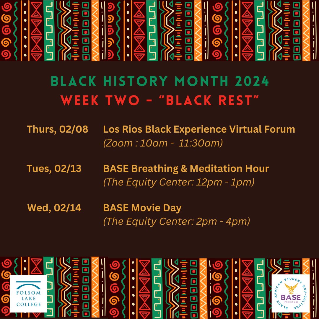 Black History Month activities continue this week with a game day &amp; movie day at the Equity Center as well as the 2nd in the 3-part series, The Los Rios Black Experience Virtual Forum: “Teaching While Black: The Need for Culture in Curricula”. Schedule at tinyurl.com/flc-bhm2024