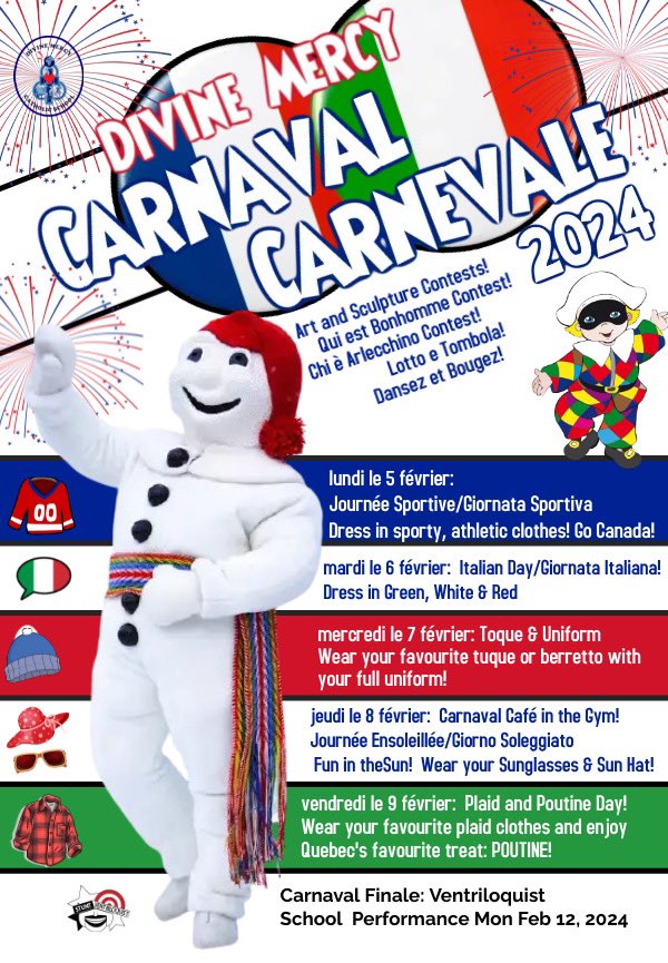 🇫🇷Divine Mercy is excited to celebrate Carnaval/Carnevale 2024 next week, Feb 5-9 with finale on Feb 12! Students will celebrate with various events, theme dress days & fun! Vive le Carnaval! Fêtez avec nous! Buon Carnevale a tutti!🇮🇪@angelasaggese9 @paonesl @DomenicScuglia