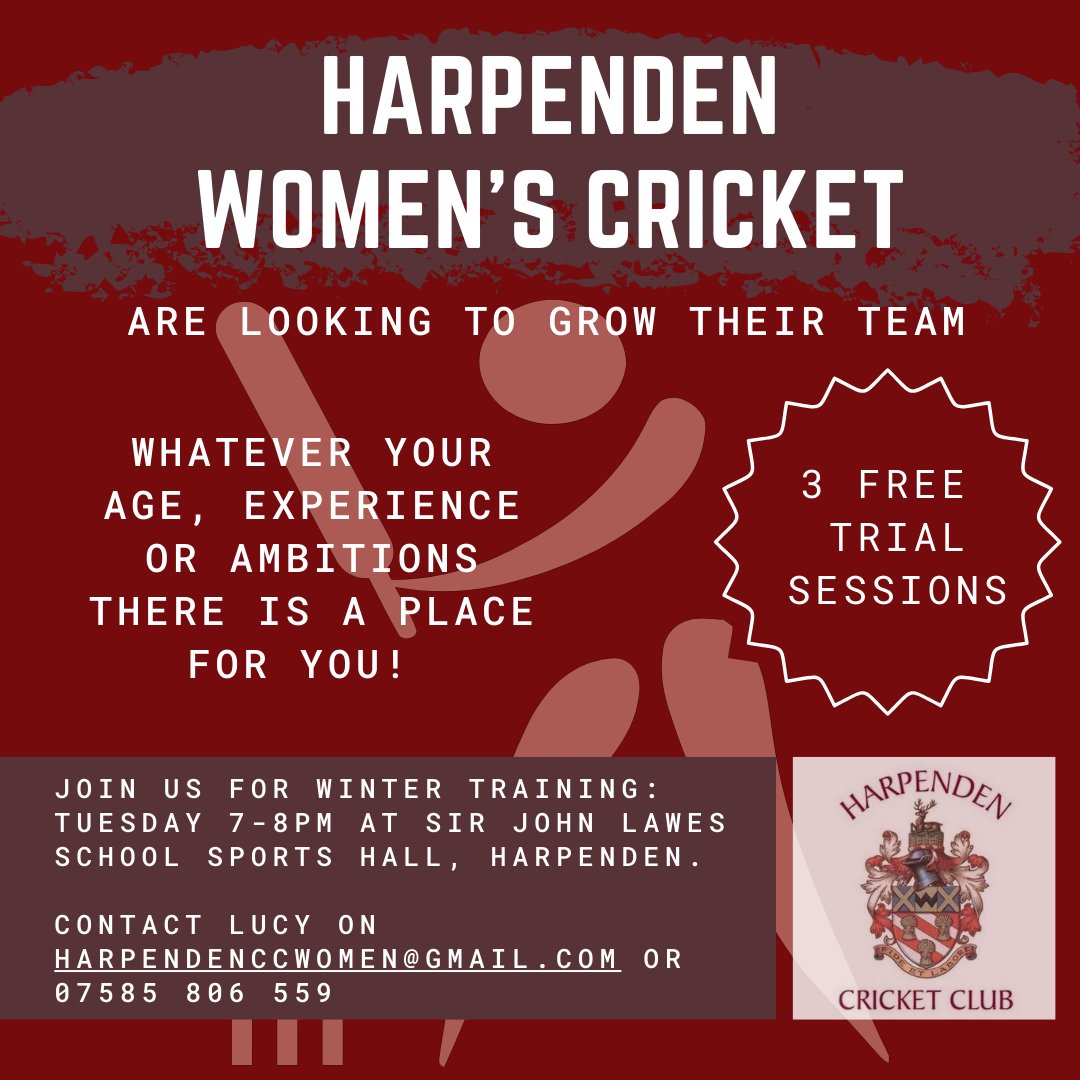 We are delighted to be growing a new all ability women's cricket team at Harpenden Cricket Club. Contact Lucy on harpendenccwomen@gmail.com or 07585 806 559 to join us for 3 free trial sessions.