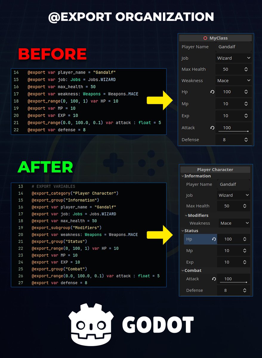 StayAtHomeDev's tweet image. Don&apos;t let your #godotengine export variables go unorganized.  

It&apos;s easy to add categories, groups, subgroups, and more.