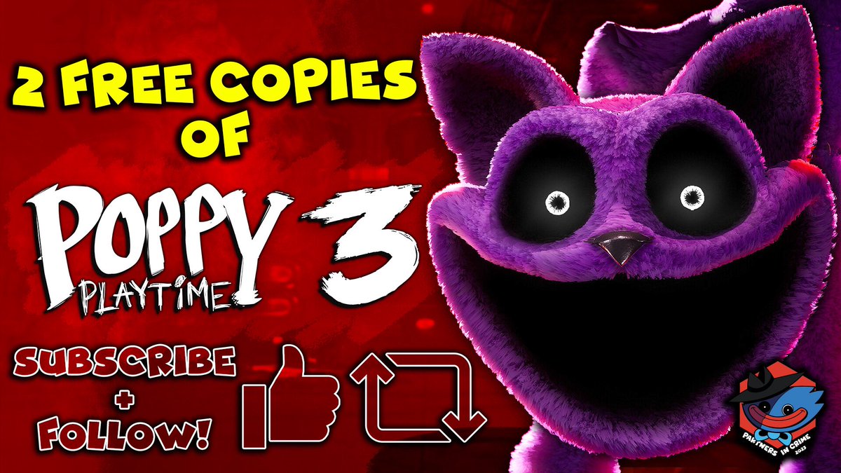 🚨GIVEAWAY🚨 I have 2 more #PoppyPlaytimeChapter3 Codes! 
READ RULES:

1. Subscribe to my channel. I'll link it below. 🙏🏻
2. Follow me ☀️
3. Like + Retweet this post! 💪🏼

That's it! I'll announce the 2 winners tomorrow! Good luck! 👀
-
#MobPartnersInCrime