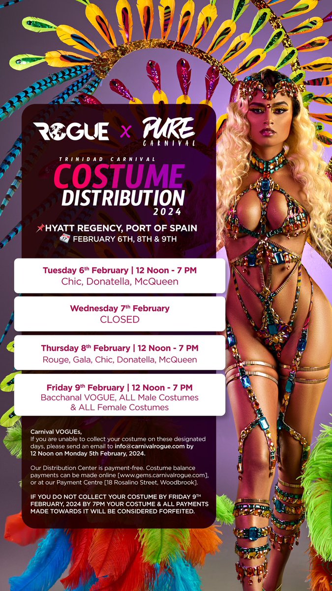 ✨𝘾𝘼𝙍𝙉𝙄𝙑𝘼𝙇 𝙑𝙊𝙂𝙐𝙀𝙨, the time is near 😏

Meet us at📍HYATT Regency, Port of Spain.

𝗦𝗖𝗛𝗘𝗗𝗨𝗟𝗘:
TUES 6TH - Chic, Donatella, McQueen
WED 7TH - CLOSED
THURS 8TH - Rouge, Gala, Chic, Donatella, McQueen
FRI 9TH - Bacchanal VOGUE, ALL Male &amp; Female Costumes